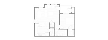A floor plan of a house with a kitchen, living room, and two bedrooms.
